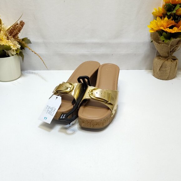 Time and Tru Gold Buckle Cork Wedge Platform Memory Foam Sandals Size 11 NWT - Picture 4 of 9